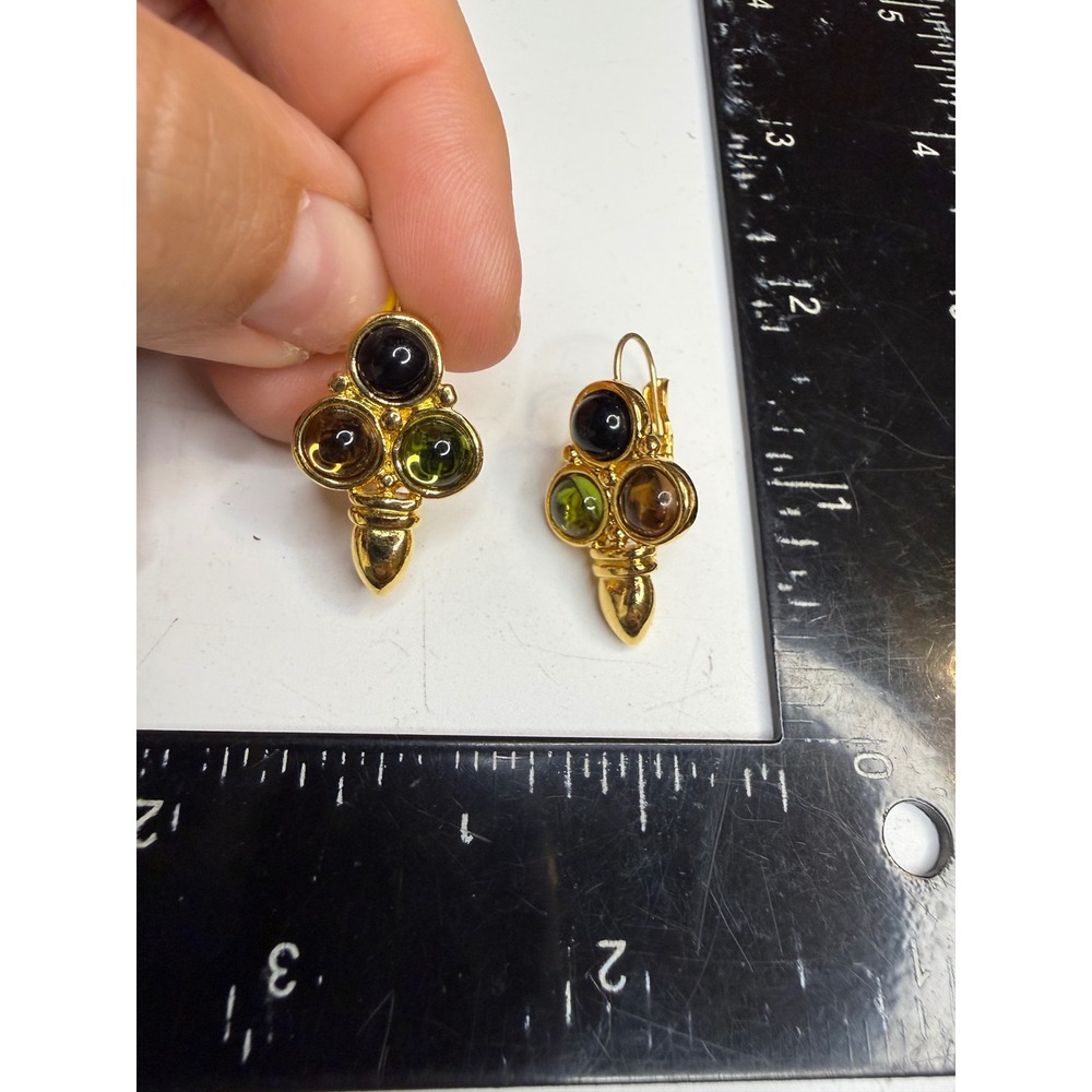 Monet Gold Tone Earth Tone Cabochon Leverback Drop Earrings Black Amber Green